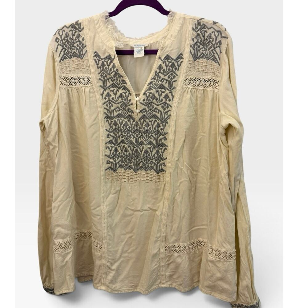 Sundance Embroidered Peasant Blouse Top Cream & Gray XL Boho Relaxed Retro